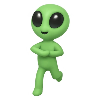 Create a neon green alien dancing, almost identical to the reference image, with minimal changes in the positions of arms and legs, looking straight ahead. This is frame 17 of the animation. PNG with transparent background. sticker