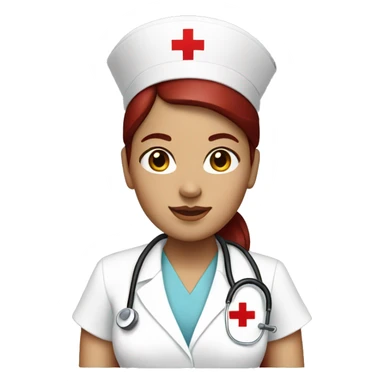 nurse with dark red hair in a bun and white hat with red cross sticker