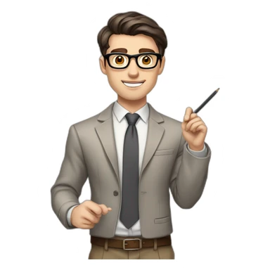 Pale skinned fit man with dark brown hair in gray jacket, beige office shirt, brown tie, brown pants and vintage glasses Writing on the flipchart sticker