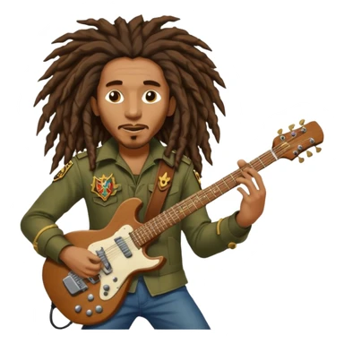 Bob Marley with gigantic dread locks play electric guitar in form heraldic crest sticker