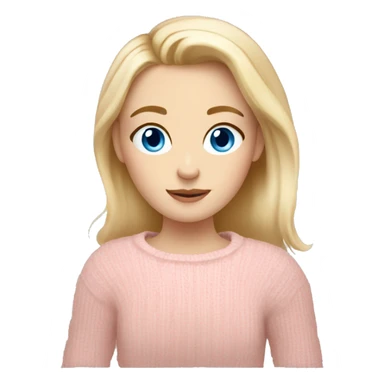 Pretty blue eyed white girl with blond hair with light pink sweater reading cozy sticker