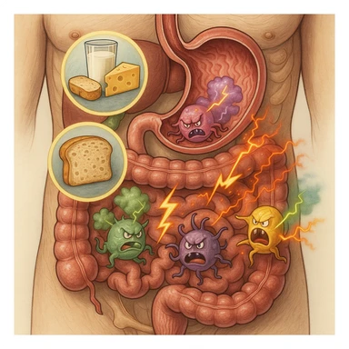 Anatomical section of the human torso focusing on stomach and intestines. Inside the digestive tract, agitated stylized parasites react to foods like dairy, gluten, and sugars (foods highlighted). The parasites emit toxins or inflammatory signals such as colored gas and lightning lines. Medical illustrative style. sticker
