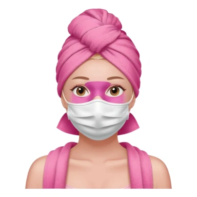 Clean girl influencer character, chest-up portrait, pink head towel, half-face facial mask, minimal self-care look, clean modern illustration sticker