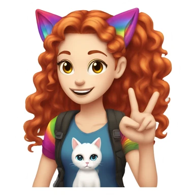 a white girl with long red curly hair in a pony tail with rainbow shirt does peace sign wearing cat ears one black other white sticker