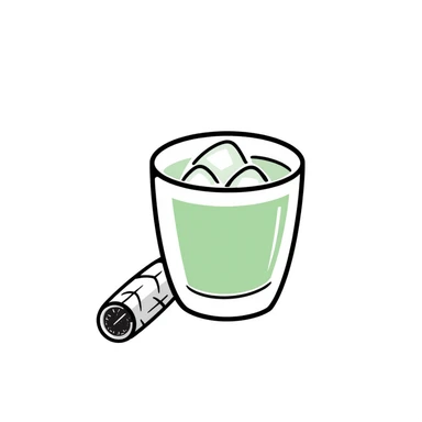 Hand-drawn glass of sugarcane juice with ice cubes, light green liquid, and a piece of sugarcane beside it sticker