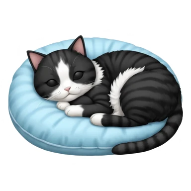tuxedo short haired cat with his eyes closed sleeping in a lightblue pillow sticker
