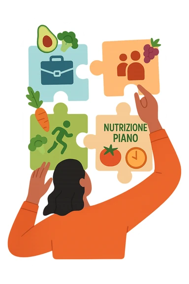 a person is surrounded by puzzle pieces, each representing a different aspect of their life (work, exercise, family, leisure), and healthy foods are integrated into each piece. The person assembles the puzzle, creating a complete, personalized nutrition plan. The mood is uplifting and creative. in italiano sticker
