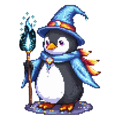 Penguin wizard casting a magic spell, with magical sparkles sticker