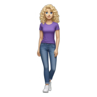 realistic caucasian long curly blonde blue eyed woman purple top blue jeans white sneakers sticker