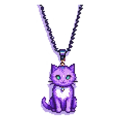 pixel art purple cat, black right eye, white pupils, crescent moon necklace sticker