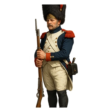 Vieille Garde soldier, Napoleonic era, holding musket, blue and white uniform, bearskin hat, historical sticker