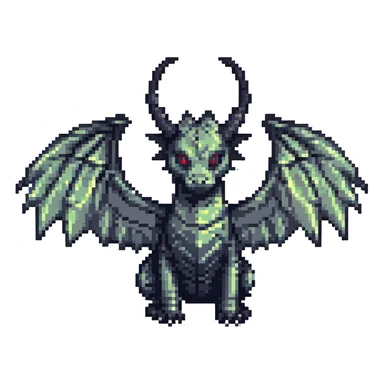 black dragon with big wings and two medium-sized horns on its head, pixel art style sticker