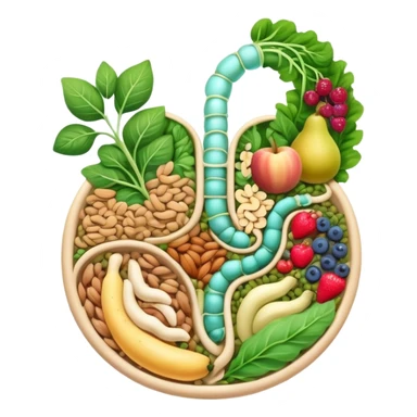 Whole grains, beans, lentils, colorful fruits, leafy greens, and small nuts surrounding an ethereal digestive system with visible intestinal tract. Gentle cleansing light flows through the intestines like a magical river, showing fiber's purifying effect. sticker