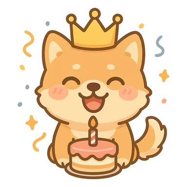 happy dog with a birthday crown, cake in front, confetti around, party atmosphere, clean background sticker