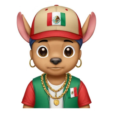 Crea un emogi de stich estilo reguetonero con una gorra con el nombre de Liam y la bandera de México en el pecho y lucho Blin blin sticker