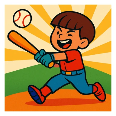 A boy with a bowl cut haircut hitting a home run in baseball, dynamic action, expressive, clear baseball bat and ball, energetic pose, vibrant cartoon style sticker