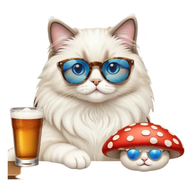 One ragdoll cat with sunglasses selling mushrooms in a bar sticker