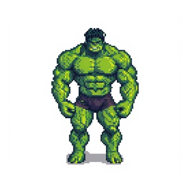 green muscular superhero Hulk character in pixel art style, simple background sticker