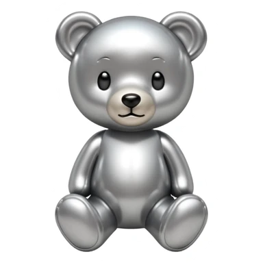 A cute teddy bear emoji made of liquid silver chrome, smooth rounded body, glossy metallic surface, soft reflections, friendly proportions, iOS emoji style, centered, clean white background sticker