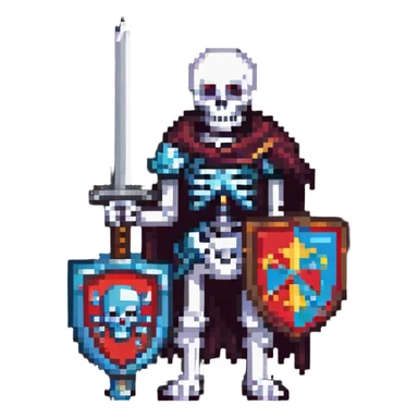 pixel art skeleton with a sword and shield, retro game style sticker