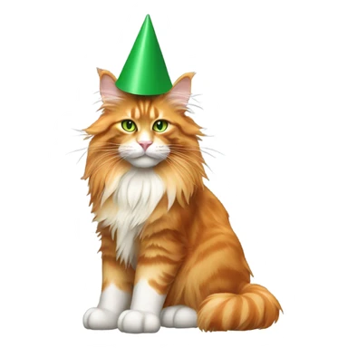 full body of orange maine coon cat with green eyes wearing a party hat with a pom-pom  sticker
