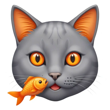 a grey cat eting an orange fish sticker