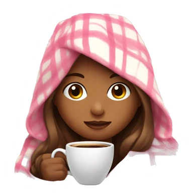 Girl wrapped up in a white pink plaid blanket with coffee  sticker