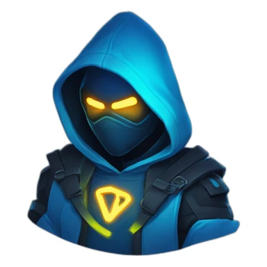 developer behind his laptop with this style : Riot Games Valorant neon glowing bright blue character blue black hooded assassin themed character sticker