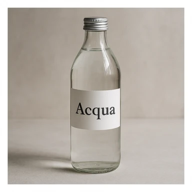 photo realistic glass water bottle with label 'Acqua' in Italian sticker