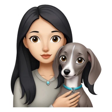 Slim Chinese girl with long black hair holding solid grey Italian greyhound with no white markings on nose sticker