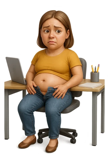 emoji stile iphone di una donna seduta alla scrivania dell'ufficio con i pantaloni sbottonati perché ha la pancia gonfia, falla a corpo intero, iperrealistico 4k sticker