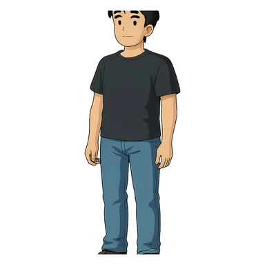full-body man standing, black hair, wearing jeans and a black t-shirt, centered, transparent background, in Ghibli style sticker
