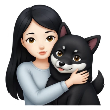 A beautiful girl with long black hair hugs a black Shiba Inu sticker