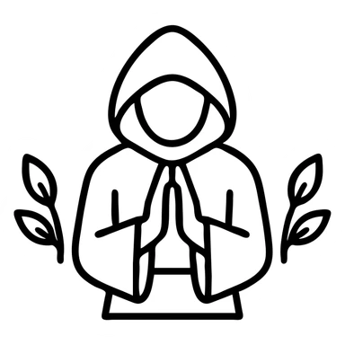 minimalist icon of a hooded monk in prayer with hands together, no face, wearing a robe with loose sleeves, two symmetrical leaves on each side, line art in earthy brown tones on light parchment background, logo style Monachus, icon style sticker