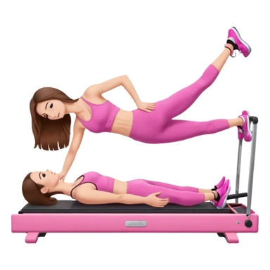 long brown hair girl doing a plank on a pilates reformer in a pink workout set sticker