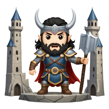 vikingo con armadura de Asgard, pelo negro ondulado, de pie, grito de guerra en torre de Asgard. sticker