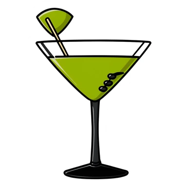 martini glass with completely colorless transparent liquid like pure water, with a green olive at the bottom skewered by a toothpick sticker