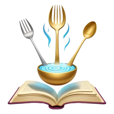 Ethereal floating cookbook with luminous aura, mystic fork and spoon symbol on cover radiating with magical energy, recipe collection sticker