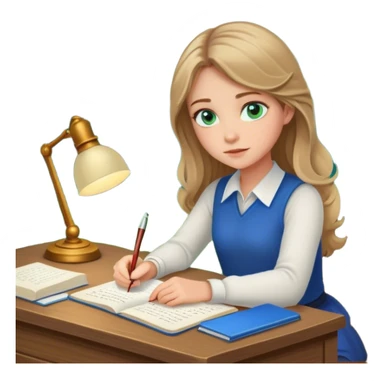 a girl with dark blonde hair and green-blue eyes writing a novel at her desk in the woods sticker
