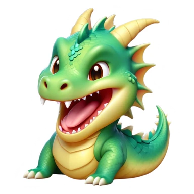 Cinematic Cute Yawning Dragon Portrait Emoji, Head tilted slightly with a dramatic, wide-open yawn, showcasing a soft, lustrous scaled body with gently drooping fins and half-closed, drowsy eyes, Simplified yet irresistibly adorable features, highly detailed, glowing with a soft, cozy mythical glow, high shine, relaxed yet expressive, stylized with a dash of fantastical charm, soft glowing outline, capturing the essence of a sleepy yet affectionate dragon that seems ready to stretch out and rest in its enchanted lair! sticker
