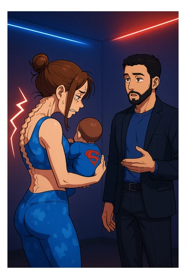 ispirati a questo stile di disegno e fai questa immagine in versione manga/webtoon a colori, il manga mostra la donna preoccupata di profilo con la postura sbagliata e incurvata, spalle chiuse e curve in avanti, con un neonato in braccio con una tutina azzurra e la scritta "S" sulla schiena, spina dorsale storta della donna in evidenza mentre ascolta l'uomo mentre l'uomo gli sta spiegando una cosa, ma non fare i fumetti, fai come se stessero parlando sticker