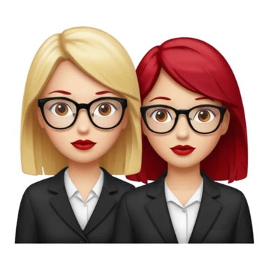 Two white girls, one has blonde hair, brown eyes and glasses and the other one has cherry red hair, brown eyes and red lips sticker