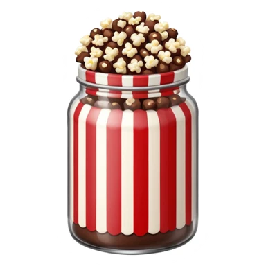 Chocolate popcorn in a jar with red and white vertical lines sticker