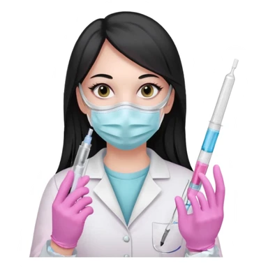 laboratorista con guantes rosa pastel y mascarilla rosa pastel jeringa tubo laboratorio sin lentes pelo lacio negro y largo sticker