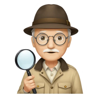 old man in beige explorer outfit, wear black glass, hat, holding magnifying glass sticker