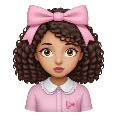 Do a Curly haired girl with dark brown hair, brown eyes, medium tan skin, big eyes and big lashes, with thin lips and add a shirt with a bow sticker