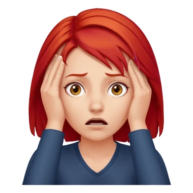 A realistic waist-up portrait of a frightened woman with her hands on her head and red hair sticker
