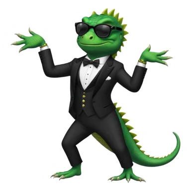 capitalist iguana banker in tuxedo and black sunglasses dancing crazy sticker