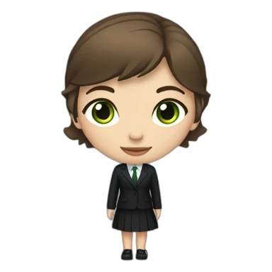 a girl with short brown hair and green eyes and a black suit and black pants with blue shoes sticker