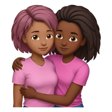 Black lesbian couple with one dark skin masculine with short hair low cut fade with a t shirt and one feminine with very long hair in a pink blouse hugging  sticker